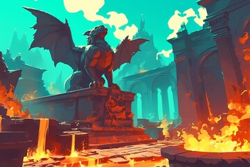 Canvas Print - Burning entrance to scary dungeon ruins with monsters. Mysterious temple gate. Fantasy landscape.  Cartoon illustration for game background, poster, banner, card