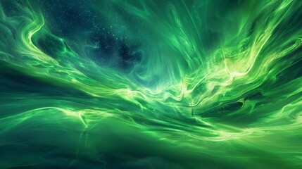 Wall Mural - Swirling green light ribbons in abstract aurora borealis display