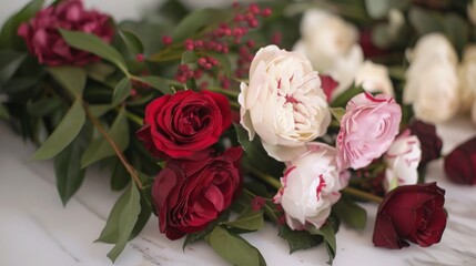 Aufkleber - A close-up image of red and white roses laid on a marble table, showcasing the beauty of their petals and textures.