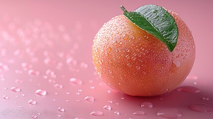 Poster -   A high-resolution image of an orange with a leaf on top and water droplets on the bottom