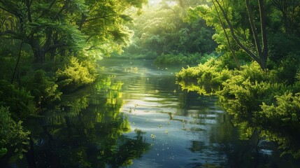 Canvas Print - River winding through sunlit forest verdant greenery reflected