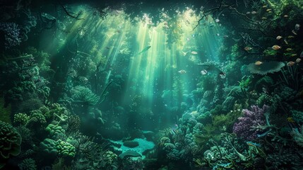 Wall Mural - Surreal underwater scene with iridescent green light and exotic marine life