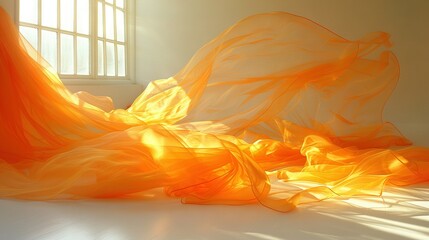  An orange dress is lying on the floor in front of a sunlit window, with light streaming through the panes