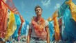© WrongWay - White man upcycling fashion with colorful plastic bags, climate change activist model