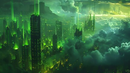 Wall Mural - Skyline of futuristic city with neon green light and sleek towers