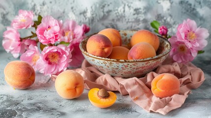 Wall Mural -   A bowl of peaches on a table with pink flowers and a pink cloth