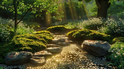 Wall Mural - Garden oasis with mossy stones and shimmering emerald leaves at dawn