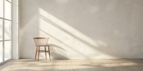 Wall Mural - Minimalist wooden chair and light shadows on white wall background, simple decor concept