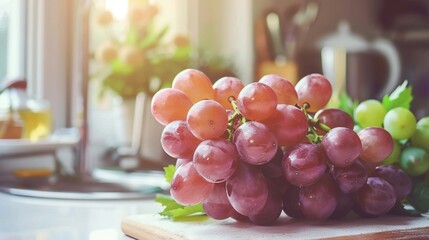   A few grapes resting atop a wooden cutting board with a nearby potted plant in the kitchen
