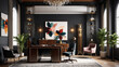 © 4K_Heaven - An opulent home office with dark wood and metallic details, combining functionality with Art Deco flair, Generative AI