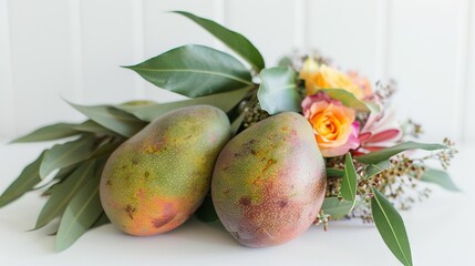 Wall Mural -   A pair of pears resting on a table alongside a vase of blossoms and a container of greenery