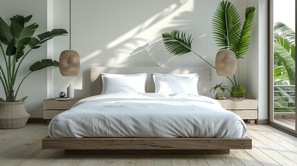 Poster - The interior of a modern white hotel bedroom features a hardwood floor, a bed, and a drawer decorated with a plant. calming area with a large window overlooking the tropics.