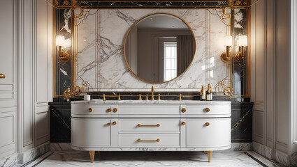 Poster - A luxurious bathroom with marble surfaces and intricate designs, embodying the elegance of Art Deco, Generative AI