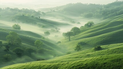 Canvas Print - Verdant landscape with mist casting soft glow on hills