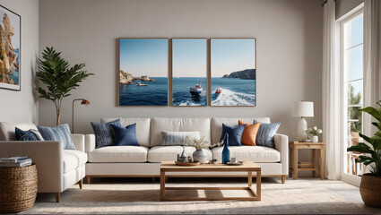 Poster - A serene living room with whitewashed furniture and nautical accents, capturing the essence of seaside tranquility, Generative AI