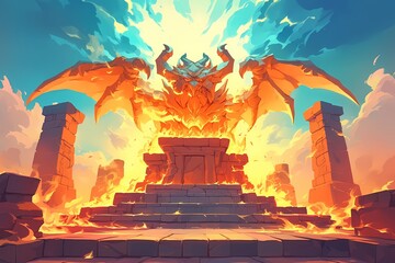 Burning entrance to scary dungeon ruins with monsters. Mysterious temple gate. Fantasy landscape.  Cartoon illustration for game background, poster, banner, card