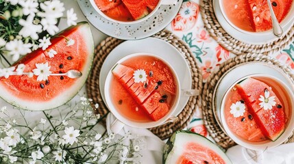 Wall Mural -  A watermelon-topped table is adorned with bowls of watermelon slices