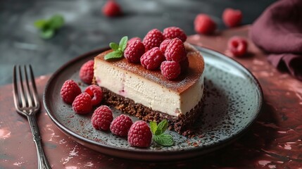 Wall Mural -  A slice of cheesecake topped with raspberries on a plate, served with a fork and napkin at a table