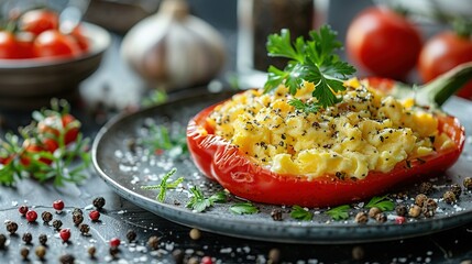   Close-up of plate with tomatoes, fruits, and veggies on table in background