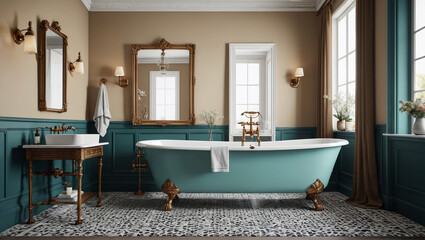 Wall Mural - An elegant bathroom with clawfoot tub and vintage faucets, blending luxury with traditional charm, Generative AI