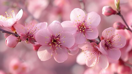 Wall Mural -   Pink flowers adorn a tree's branch against a blurry backdrop