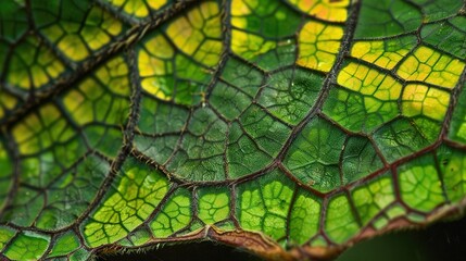 Wall Mural -   A close-up view of a green leaf with yellow leaves in its center and a yellow spot on the central part of the leaf