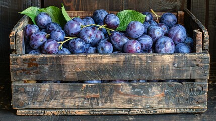 Wall Mural -   Crate of plums with green leaf close-up