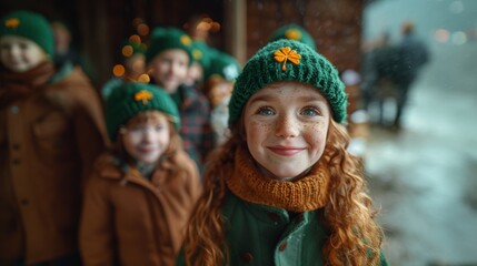 Joyful Family Celebrating St. Patrick's Day Outdoors with Smiling Children in Festive Hats