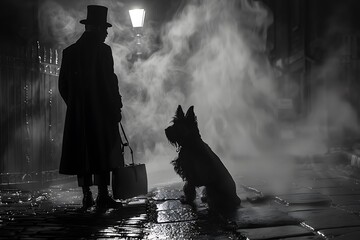 Wall Mural - A Scottish Terrier and a detective solving a mystery in a noir setting.