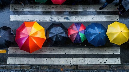 Wall Mural -   A line of people with umbrellas on a rainy day walking down the street