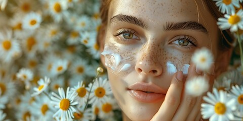 Close-up portrait of a young woman with freckles applying cosmetic cream on her face, surrounded by fresh daisies, highlighting natural beauty and skincare.