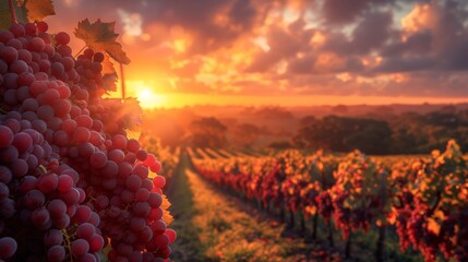 Wall Mural - Gorgeous Sunset Over a South Australian Vineyard with Ripe Grapes in the Foreground