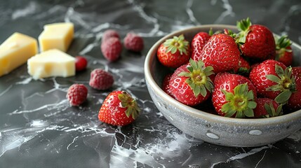 Canvas Print -   A bowl of strawberries, cheese, and raspberries sits on a marble countertop, beside a block of butter