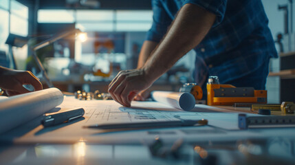 Poster - Two engineers are collaborating on blueprints in their office