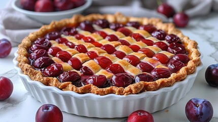 Wall Mural -   A close-up shot of a pie on a table surrounded by cherry bowls in the background