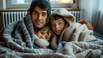 A family huddled together under blankets in a cold apartment demonstrates warmth and cohesion in winter. Heating in the apartment in the cold season