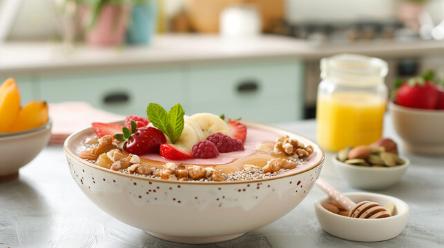 Healthy breakfast setup featuring a smoothie bowl topped with fresh strawberries, bananas, nuts, and a drizzle of honey in a cozy kitchen