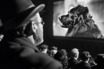 Sticker - A Leonberger and a man watching a silent film with live orchestra.