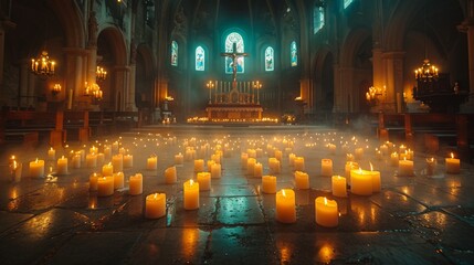 Many candles burning inside a church with stained glass windows