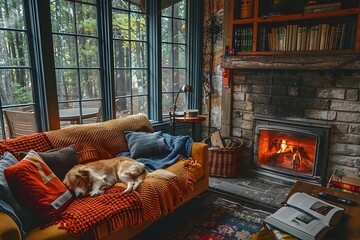 Wall Mural - A cozy living room scene with a dog sleeping peacefully by the fireplace.