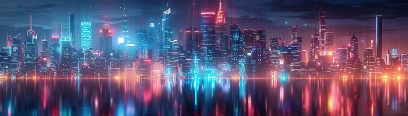Poster - vibrant futuristic city skyline at night with neon lights reflecting on the water, showcasing modern