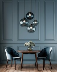 Sticker - Modern Dining Room Lighting Design. Interior Concept with Empty Blue Wall Background