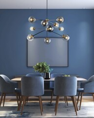 Canvas Print - Modern Dining Room Lighting: Interior Design Concept with Empty Blue Wall Background