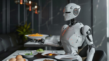 Wall Mural - Robot waiter serving food, photorealism