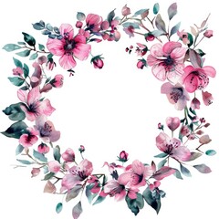 Wall Mural - Pink Floral Wreath. Wedding Badge and Logotype with Fresh Watercolor Garden Flowers