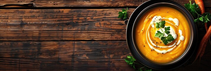 Wall Mural - Vegan Soup. Butternut and Carrot Soup with Cream and Parsley on Dark Wooden Background. Autumn Meal Concept