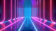 © Prasanth - 3d render, abstract minimal neon background, pink blue neon lines going up, glowing in ultraviolet spectrum. Cyber space. Laser show. Futuristic wallpaper