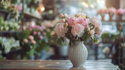 Poster - A bouquet of pink peonies sits in a white vase on a wooden table in a flower shop. The peonies are in full bloom and the shop is filled with a variety of other flowers.