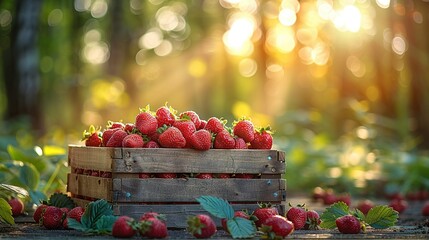 Wall Mural -   A box brimming with luscious strawberries rests atop a woodland ground, surrounded by verdant foliage