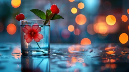 Wall Mural -   A detailed view of a blossom submerged in a goblet filled with H2O resting atop a wooden surface, illuminated by soft hues emanating from diff
